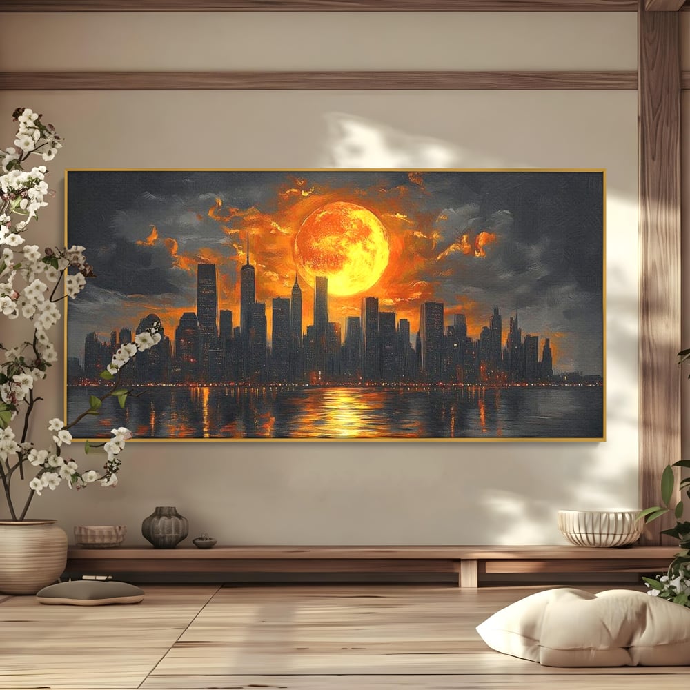 Tablou canvas cu tablou canvas cu apus de soare deasupra metropolei, in rama de aluminiu auriu